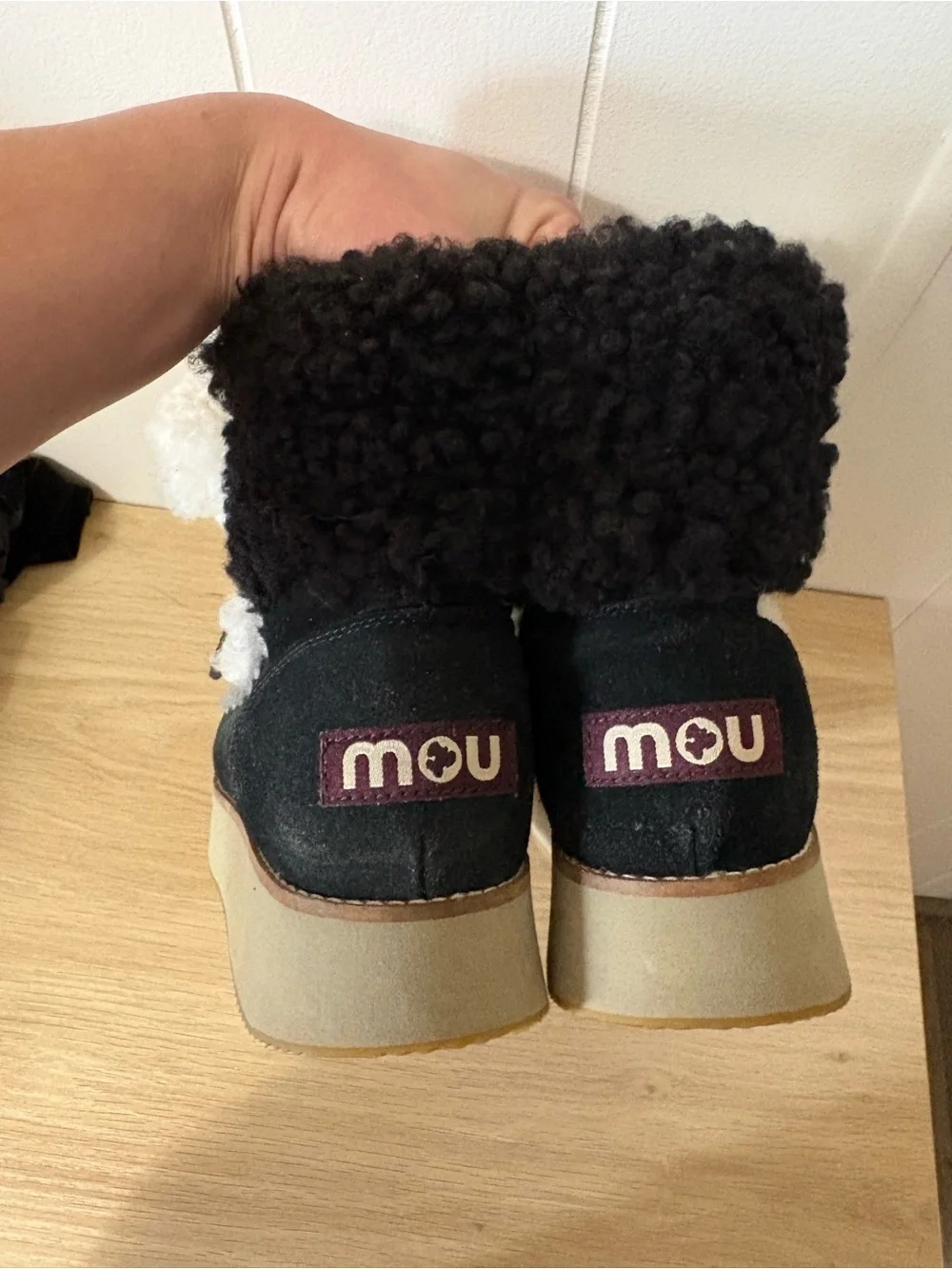 Mou Black and White Shearling Lace-Up Platform Boot